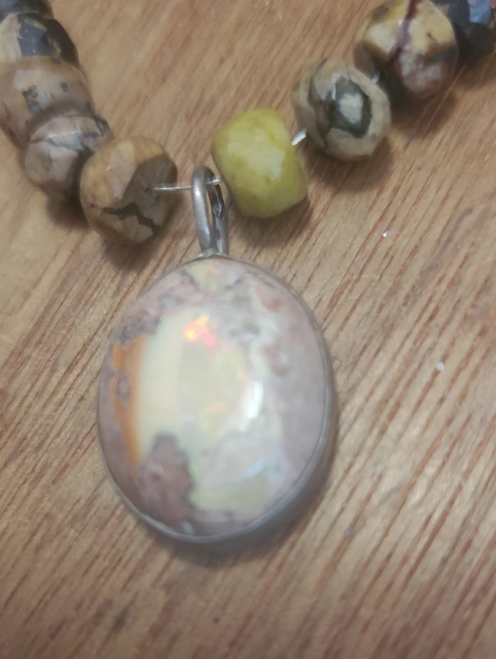 Beaded Opal Pendant Necklace in Neutral Tones - D